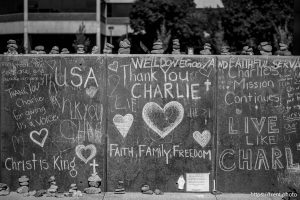(Trent Nelson  |  The Salt Lake Tribune) Memorials to Charlie Kirk at Utah Valley University in Orem on Monday, Sept. 29, 2025.