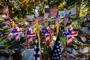(Trent Nelson  |  The Salt Lake Tribune) Memorials to Charlie Kirk at Utah Valley University in Orem on Monday, Sept. 29, 2025.