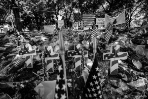 (Trent Nelson  |  The Salt Lake Tribune) Memorials to Charlie Kirk at Utah Valley University in Orem on Monday, Sept. 29, 2025.