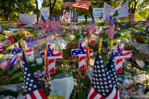 (Trent Nelson  |  The Salt Lake Tribune) Memorials to Charlie Kirk at Utah Valley University in Orem on Monday, Sept. 29, 2025.