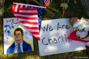 (Trent Nelson  |  The Salt Lake Tribune) Memorials to Charlie Kirk at Utah Valley University in Orem on Monday, Sept. 29, 2025.