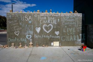 (Trent Nelson  |  The Salt Lake Tribune) Memorials to Charlie Kirk at Utah Valley University in Orem on Monday, Sept. 29, 2025.