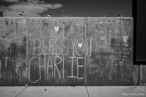 (Trent Nelson  |  The Salt Lake Tribune) Memorials to Charlie Kirk at Utah Valley University in Orem on Monday, Sept. 29, 2025.