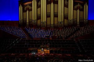 (Trent Nelson | The Salt Lake Tribune) Dallin H. Oaks, president of the Quorum of the Twelve Apostles, speaks during a session of General Conference of The Church of Jesus Christ of Latter-day Saints at the Conference Center in Salt Lake City, Sunday, Oct. 5, 2025.