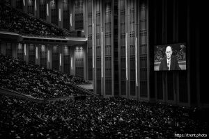 (Trent Nelson | The Salt Lake Tribune) Dallin H. Oaks, president of the Quorum of the Twelve Apostles, speaks during a session of General Conference of The Church of Jesus Christ of Latter-day Saints at the Conference Center in Salt Lake City, Sunday, Oct. 5, 2025.