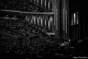 (Trent Nelson | The Salt Lake Tribune) Dallin H. Oaks, president of the Quorum of the Twelve Apostles, speaks during a session of General Conference of The Church of Jesus Christ of Latter-day Saints at the Conference Center in Salt Lake City, Sunday, Oct. 5, 2025.
