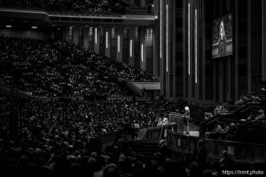 (Trent Nelson  |  The Salt Lake Tribune) President Camille Johnson prays at a session of General Conference of The Church of Jesus Christ of Latter-day Saints at the Conference Center in Salt Lake City, Sunday, Oct. 5, 2025.