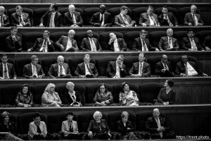 (Trent Nelson  |  The Salt Lake Tribune) Leaders during a session of General Conference of The Church of Jesus Christ of Latter-day Saints at the Conference Center in Salt Lake City, Sunday, Oct. 5, 2025.