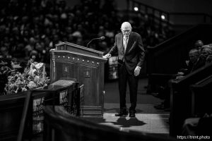 (Trent Nelson | The Salt Lake Tribune) Dallin H. Oaks, president of the Quorum of the Twelve Apostles, speaks during a session of General Conference of The Church of Jesus Christ of Latter-day Saints at the Conference Center in Salt Lake City, Sunday, Oct. 5, 2025.