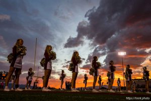 (Trent Nelson  |  The Salt Lake Tribune) Lone Peak cheerleaders as hosts Lehi, high school football in Highland on Thursday, Oct. 9, 2025.