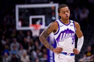 (Trent Nelson  |  The Salt Lake Tribune) Utah Jazz guard Keyonte George (3) as the Utah Jazz host the Portland Trail Blazers, NBA basketball in Salt Lake City on Thursday, Oct. 16, 2025.