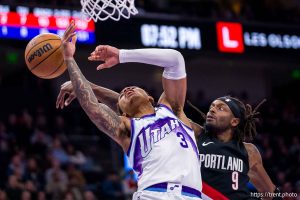 (Trent Nelson  |  The Salt Lake Tribune) Utah Jazz guard Keyonte George (3) is fouled by Portland Trail Blazers forward Jerami Grant (9) as the Utah Jazz host the Portland Trail Blazers, NBA basketball in Salt Lake City on Thursday, Oct. 16, 2025.