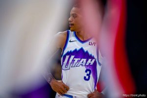(Trent Nelson  |  The Salt Lake Tribune) Utah Jazz guard Keyonte George (3) as the Utah Jazz host the Portland Trail Blazers, NBA basketball in Salt Lake City on Thursday, Oct. 16, 2025.