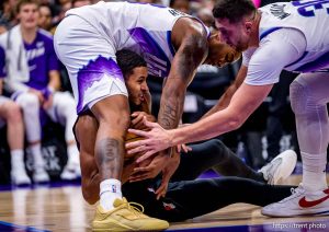 (Trent Nelson  |  The Salt Lake Tribune) 
Utah Jazz forward Brice Sensabaugh (28) and Utah Jazz center Jusuf Nurkić (30) defending Portland Trail Blazers forward Kris Murray (24) as the Utah Jazz host the Portland Trail Blazers, NBA basketball in Salt Lake City on Thursday, Oct. 16, 2025.