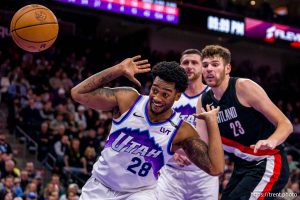 (Trent Nelson  |  The Salt Lake Tribune) 
Utah Jazz forward Brice Sensabaugh (28) as the Utah Jazz host the Portland Trail Blazers, NBA basketball in Salt Lake City on Thursday, Oct. 16, 2025.