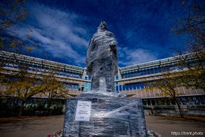 (Trent Nelson  |  The Salt Lake Tribune) BYU's statue of Brigham Young covered in plastic wrap to prevent vandalism, in Provo on Friday, Oct. 17, 2025.