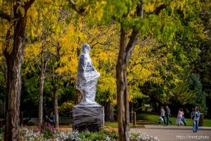 (Trent Nelson  |  The Salt Lake Tribune) BYU's statue of Brigham Young covered in plastic wrap to prevent vandalism, in Provo on Friday, Oct. 17, 2025.