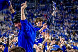 (Trent Nelson  |  The Salt Lake Tribune) BYU fans celebrate the win over Utah, NCAA football at LaVell Edwards Stadium in Provo on Saturday, Oct. 18, 2025.