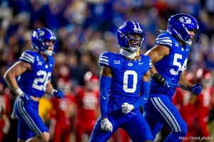 (Trent Nelson  |  The Salt Lake Tribune) BYU Cougars defensive back Evan Johnson (0) celebrates a turnover as BYU hosts Utah, NCAA football at LaVell Edwards Stadium in Provo on Saturday, Oct. 18, 2025.