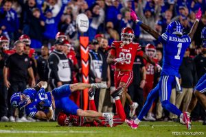 (Trent Nelson  |  The Salt Lake Tribune) BYU Cougars safety Tanner Wall (28) intercepts a pass as BYU hosts Utah, NCAA football at LaVell Edwards Stadium in Provo on Saturday, Oct. 18, 2025.