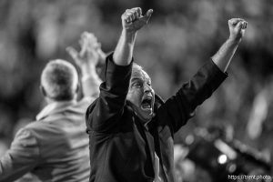 (Trent Nelson  |  The Salt Lake Tribune) BYU President Shane Reese celebrates as BYU beats Utah, NCAA football at LaVell Edwards Stadium in Provo on Saturday, Oct. 18, 2025.