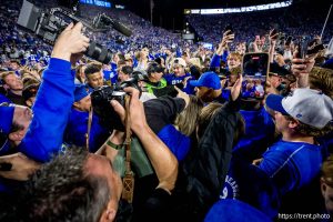 (Trent Nelson  |  The Salt Lake Tribune) BYU fans celebrate the win over Utah, NCAA football at LaVell Edwards Stadium in Provo on Saturday, Oct. 18, 2025.