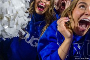 (Trent Nelson  |  The Salt Lake Tribune) BYU fans celebrate the win over Utah, NCAA football at LaVell Edwards Stadium in Provo on Saturday, Oct. 18, 2025.