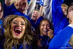 (Trent Nelson  |  The Salt Lake Tribune) BYU fans celebrate the win over Utah, NCAA football at LaVell Edwards Stadium in Provo on Saturday, Oct. 18, 2025.