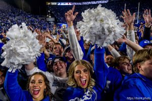 (Trent Nelson  |  The Salt Lake Tribune) BYU fans celebrate the win over Utah, NCAA football at LaVell Edwards Stadium in Provo on Saturday, Oct. 18, 2025.
