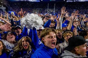 (Trent Nelson  |  The Salt Lake Tribune) BYU fans celebrate the win over Utah, NCAA football at LaVell Edwards Stadium in Provo on Saturday, Oct. 18, 2025.