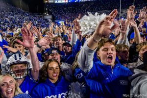 (Trent Nelson  |  The Salt Lake Tribune) BYU fans celebrate the win over Utah, NCAA football at LaVell Edwards Stadium in Provo on Saturday, Oct. 18, 2025.