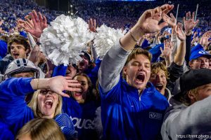 (Trent Nelson  |  The Salt Lake Tribune) BYU fans celebrate the win over Utah, NCAA football at LaVell Edwards Stadium in Provo on Saturday, Oct. 18, 2025.