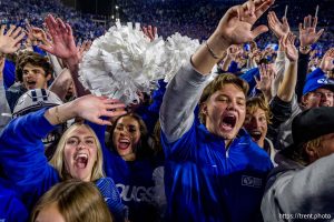 (Trent Nelson  |  The Salt Lake Tribune) BYU fans celebrate the win over Utah, NCAA football at LaVell Edwards Stadium in Provo on Saturday, Oct. 18, 2025.