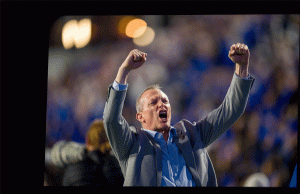 (Trent Nelson  |  The Salt Lake Tribune) BYU Vice President Keith Vorkink celebrates as BYU beats Utah, NCAA football at LaVell Edwards Stadium in Provo on Saturday, Oct. 18, 2025.