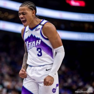 (Trent Nelson  |  The Salt Lake Tribune) Utah Jazz guard Keyonte George (3) as the Utah Jazz host the LA Clippers, NBA basketball in Salt Lake City on Wednesday, Oct. 22, 2025.