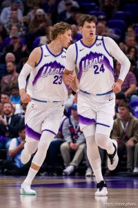 (Trent Nelson  |  The Salt Lake Tribune) Utah Jazz forward Lauri Markkanen (23) and Utah Jazz center Walker Kessler (24) as the Utah Jazz host the LA Clippers, NBA basketball in Salt Lake City on Wednesday, Oct. 22, 2025.