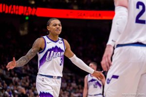 (Trent Nelson  |  The Salt Lake Tribune) Utah Jazz guard Keyonte George (3) as the Utah Jazz host the LA Clippers, NBA basketball in Salt Lake City on Wednesday, Oct. 22, 2025.