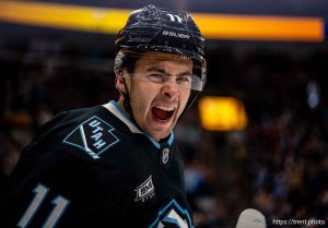 (Trent Nelson  |  The Salt Lake Tribune) Utah Mammoth right wing Dylan Guenther (11) celebrates a goal as the Utah Mammoth host the New York Islanders, NHL hockey in Salt Lake City on Friday, Nov. 14, 2025.