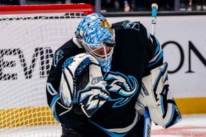 (Trent Nelson  |  The Salt Lake Tribune) Utah Mammoth goaltender Karel Vejmelka (70) stops a shot with his head as the Utah Mammoth host the New York Islanders, NHL hockey in Salt Lake City on Friday, Nov. 14, 2025.