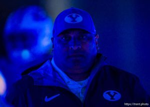 (Trent Nelson  |  The Salt Lake Tribune) BYU Cougars head coach Kalani Sitake as BYU hosts TCU, NCAA football in Provo on Saturday, Nov. 15, 2025.