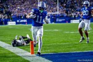 (Trent Nelson  |  The Salt Lake Tribune) BYU Cougars wide receiver Parker Kingston (11) runs for a touchdown as BYU hosts TCU, NCAA football in Provo on Saturday, Nov. 15, 2025.
