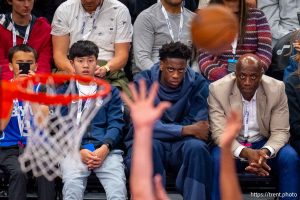 (Trent Nelson  |  The Salt Lake Tribune) BYU star AJ Dybantsa looks on as the Utah Jazz host the Oklahoma City Thunder, NBA basketball in Salt Lake City on Friday, Nov. 21, 2025.