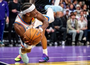 (Trent Nelson  |  The Salt Lake Tribune) Oklahoma City Thunder guard Shai Gilgeous-Alexander (2) looks to pass as the Utah Jazz host the Oklahoma City Thunder, NBA basketball in Salt Lake City on Friday, Nov. 21, 2025.