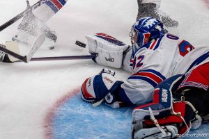 (Trent Nelson  |  The Salt Lake Tribune) Utah Mammoth left wing Lawson Crouse (67) shoots on New York Rangers goaltender Jonathan Quick (32) as the Utah Mammoth host the New York Rangers in Salt Lake City on Saturday, Nov. 22, 2025.