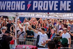 (Trent Nelson  |  The Salt Lake Tribune) Charlie Kirk appears at Utah Valley University in Orem on Wednesday, Sept. 10, 2025. He was shot minutes later.