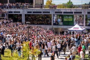 (Trent Nelson  |  The Salt Lake Tribune) Charlie Kirk appears at Utah Valley University in Orem on Wednesday, Sept. 10, 2025. He was shot minutes later.
