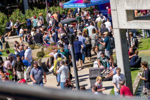 (Trent Nelson  |  The Salt Lake Tribune) People react after Charlie Kirk is shot during an appearance at Utah Valley University in Orem on Wednesday, Sept. 10, 2025.