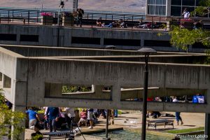 (Trent Nelson  |  The Salt Lake Tribune) People react after Charlie Kirk is shot during an appearance at Utah Valley University in Orem on Wednesday, Sept. 10, 2025.