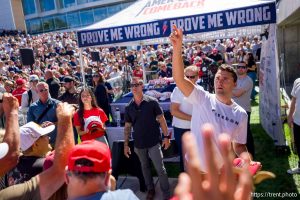 (Trent Nelson  |  The Salt Lake Tribune) Charlie Kirk appears at Utah Valley University in Orem on Wednesday, Sept. 10, 2025. He was shot minutes later.