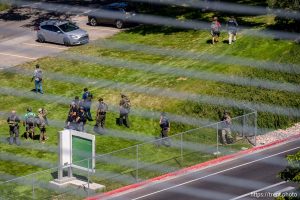 (Trent Nelson  |  The Salt Lake Tribune) Law enforcement conducts a search of the Utah Valley University campus after Charlie Kirk was shot, in Orem on Wednesday, Sept. 10, 2025.